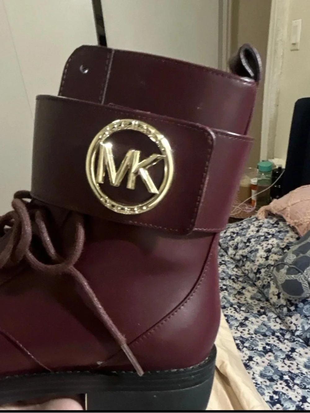 Michael Kors Maroon Leather Lace-Up Combat Boots with Gold MK Emblem